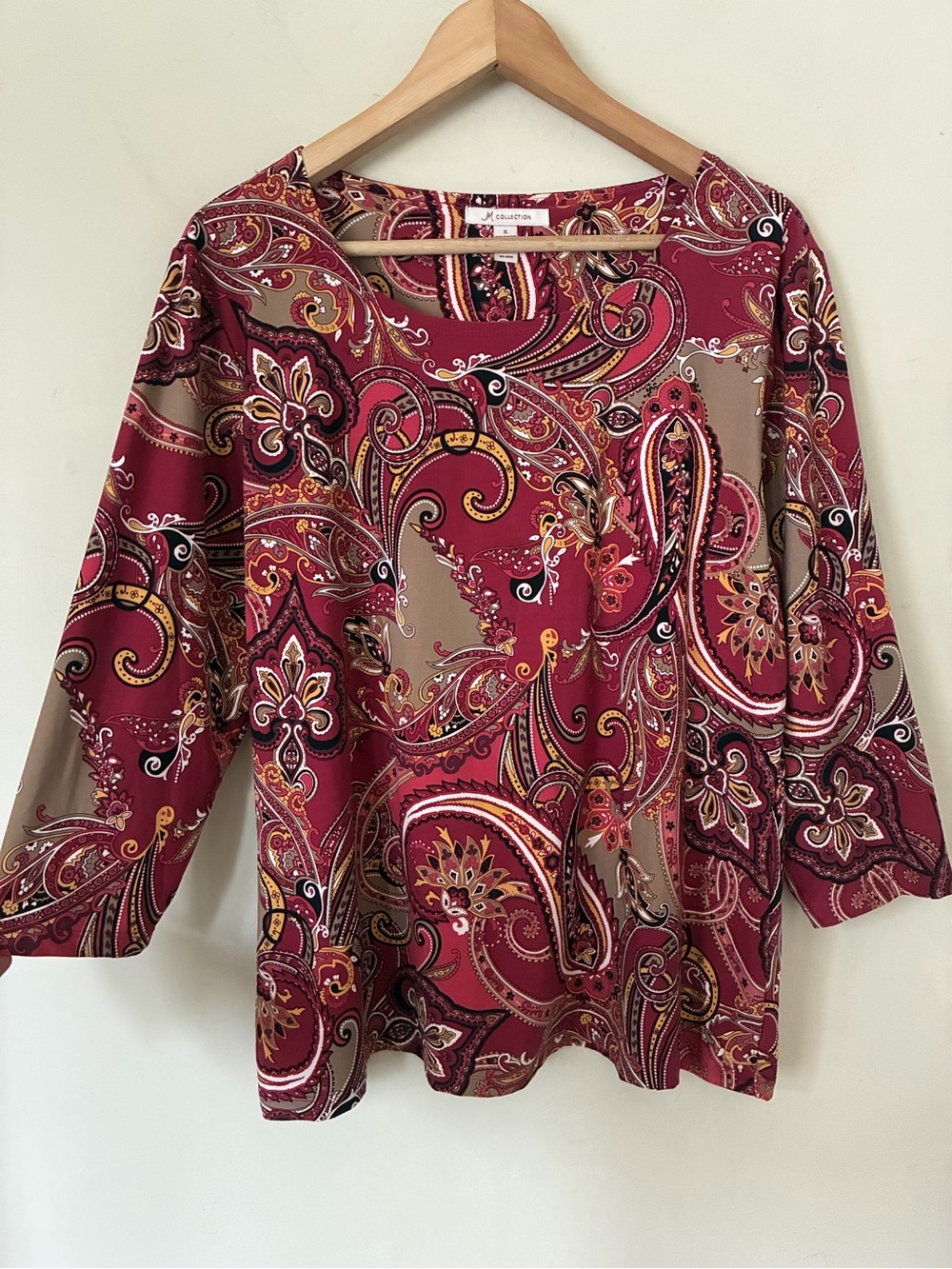 JM Collection Womens Grunge Red Paisley Scoop Neck 3/4 Sleeve Blouse Top XL